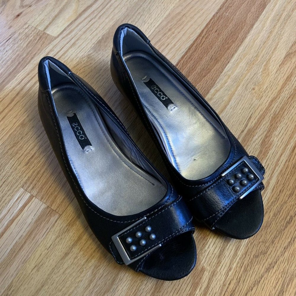 Ecco Women’s Black Leather Buckle Peep Toe Wedge Loafer Shoes Size 6-6.5 M EU 37